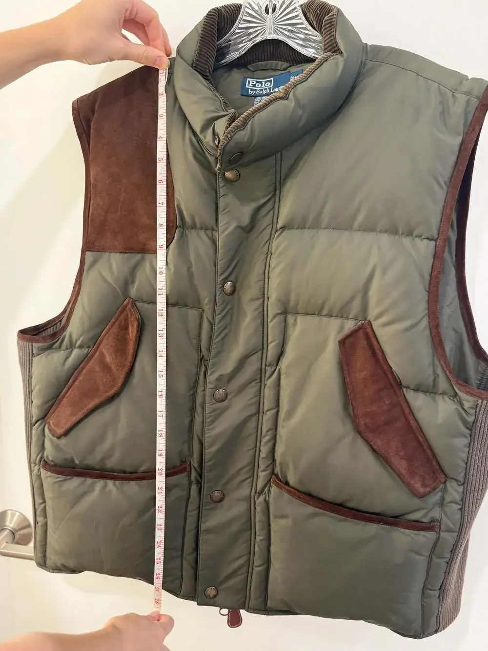 Polo Ralph Lauren Olive Green Down Puffer Vest with Suede Shoulder and Pocket Ac